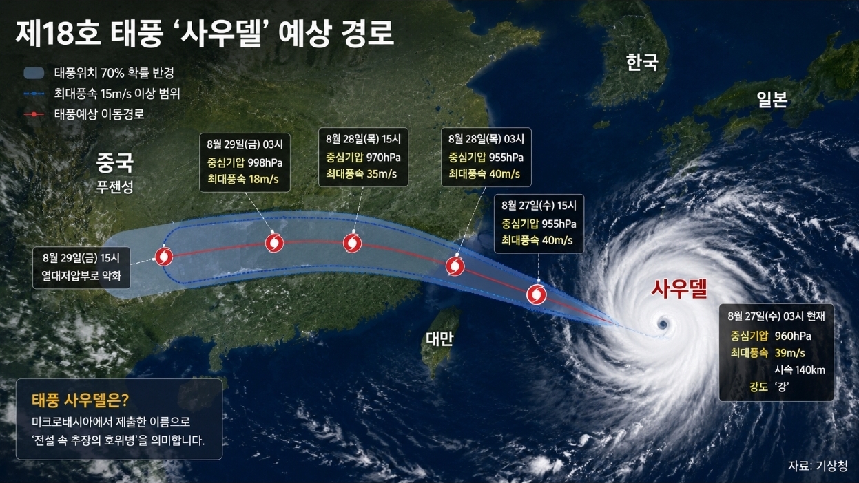 태풍 ‘사우델’ 예상경로는?…中 푸젠·저장 향해 서진, 한국 직접 영향 낮아
