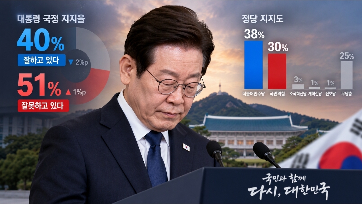 이재명 대통령 지지율 40% ‘취임 후 최저’…국민의힘 30%로 상승